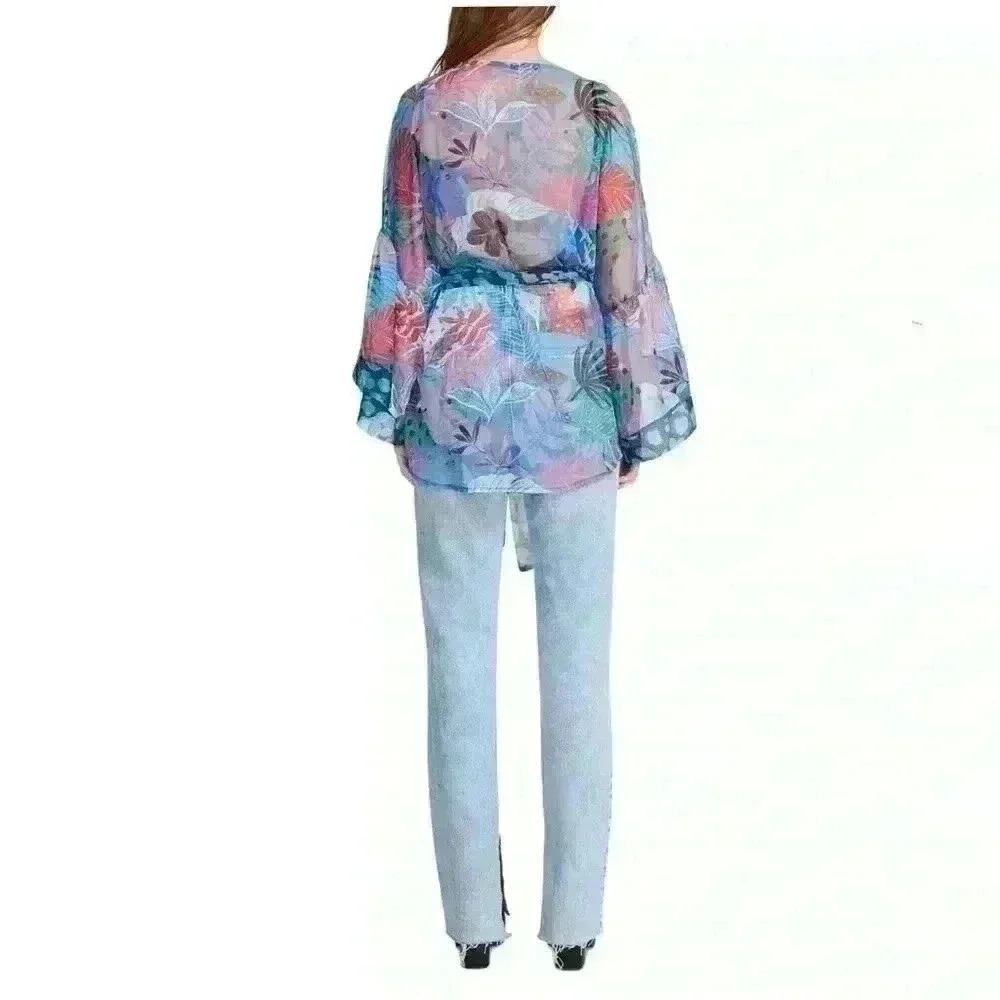 NWT Steve Madden Womens Tropical Jungle Tie Front Kimono Grap Blue Tropical OS - Picture 3 of 9